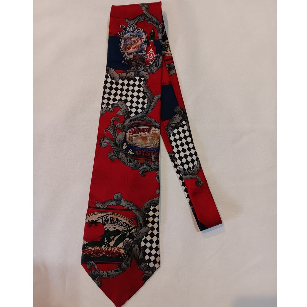 Tabasco Mens Silk Tie Red Novelty Seafood Oyster Shrimp Hot Sauce Necktie